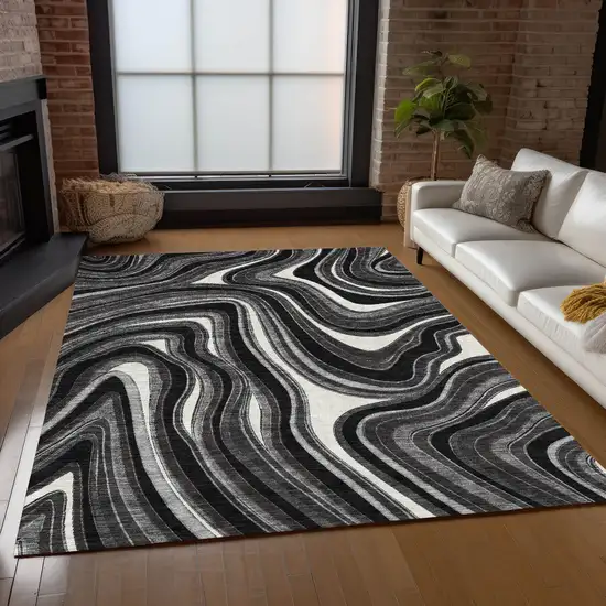 Black Gray And White Abstract Washable Indoor Outdoor Area Rug Photo 8