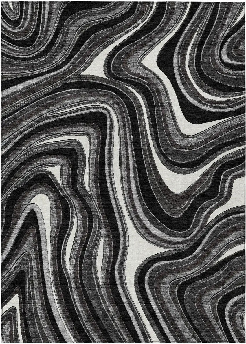 Black Gray And White Abstract Washable Indoor Outdoor Area Rug Photo 1