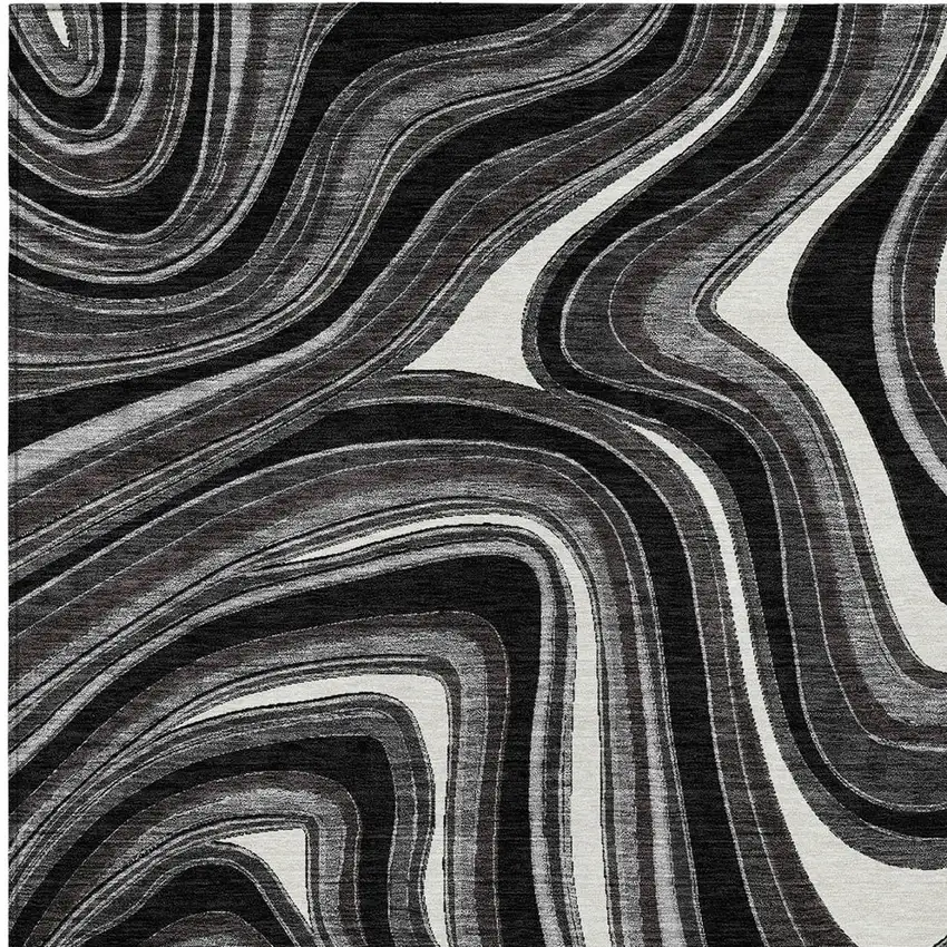Black Gray And White Abstract Washable Indoor Outdoor Area Rug Photo 4