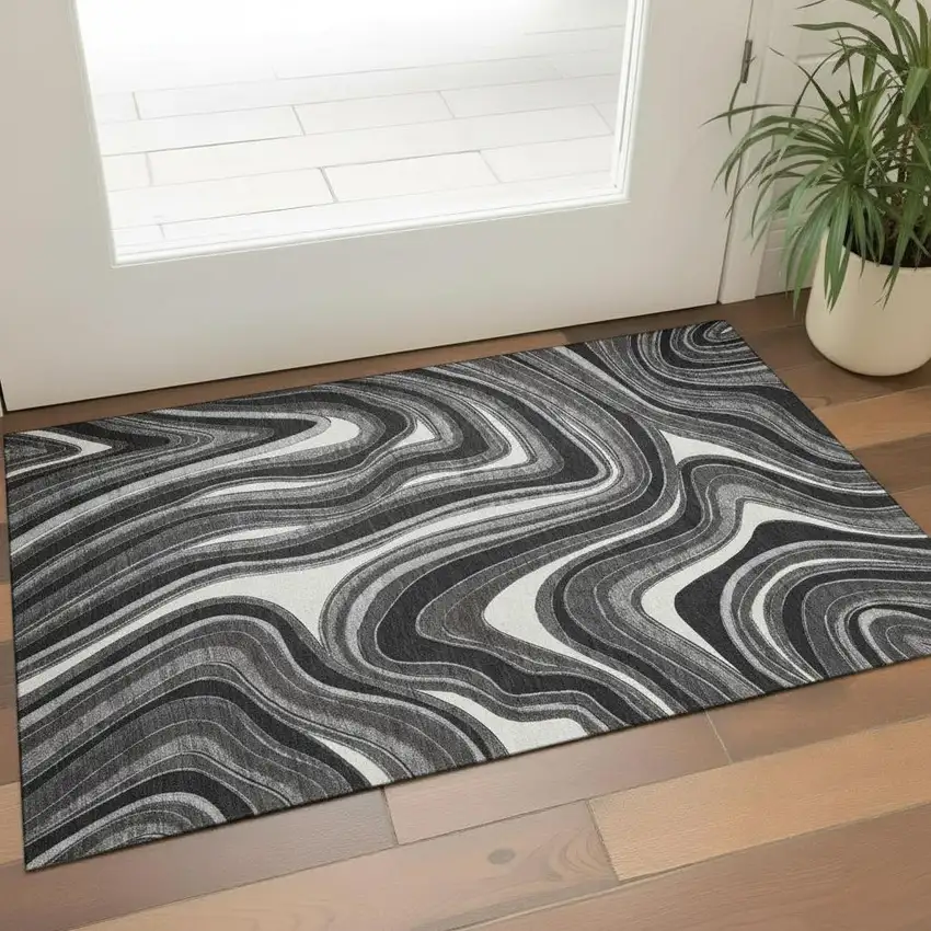 Black Gray And White Marble Washable Area Rug With UV Protection Photo 1