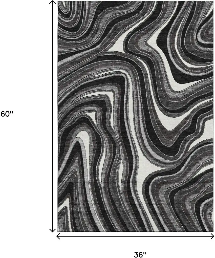Black Gray And White Marble Washable Area Rug With UV Protection Photo 3