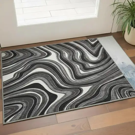 Black Gray And White Marble Washable Area Rug With UV Protection Photo 2
