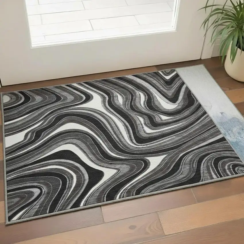 Black Gray And White Marble Washable Area Rug With UV Protection Photo 2
