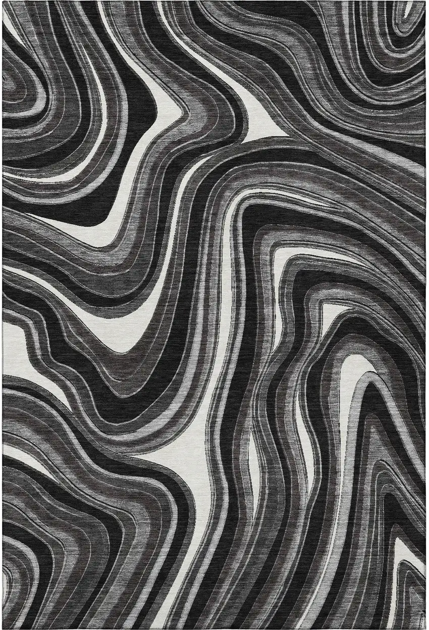 Black Gray And White Marble Washable Area Rug With UV Protection Photo 4