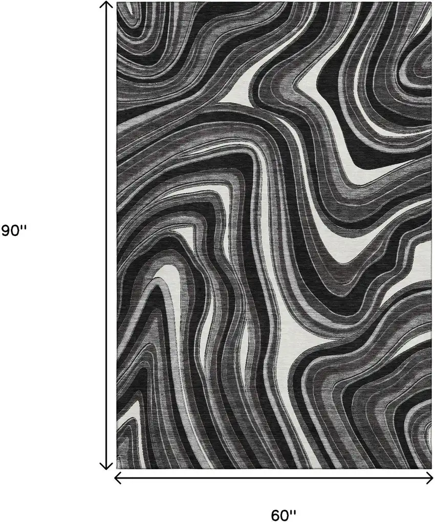 Black Gray And White Marble Washable Area Rug With UV Protection Photo 3