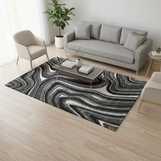 Black Gray And White Marble Washable Area Rug With UV Protection Photo 2