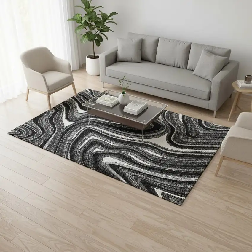 Black Gray And White Marble Washable Area Rug With UV Protection Photo 2