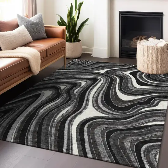 Black Gray And White Marble Washable Area Rug With UV Protection Photo 6
