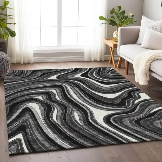 Black Gray And White Marble Washable Area Rug With UV Protection Photo 5
