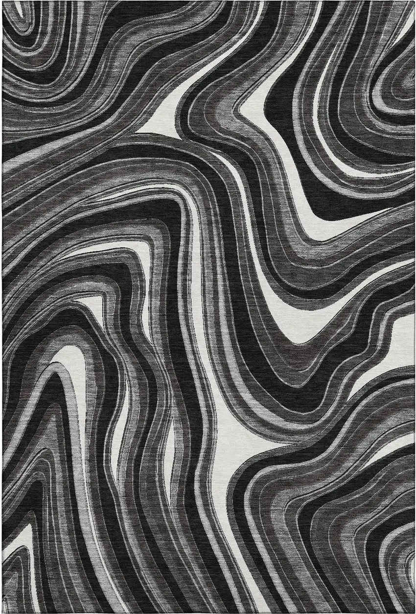 Black Gray And White Marble Washable Area Rug With UV Protection Photo 1