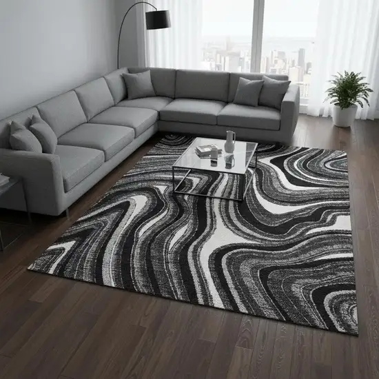 Black Gray And White Marble Washable Area Rug With UV Protection Photo 2