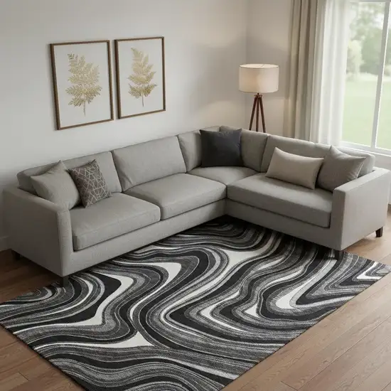 Black Gray And White Marble Washable Area Rug With UV Protection Photo 1