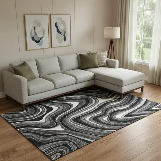 Black Gray And White Marble Washable Area Rug With UV Protection Photo 1
