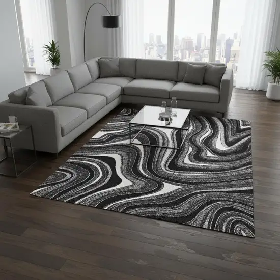 Black Gray And White Marble Washable Area Rug With UV Protection Photo 2