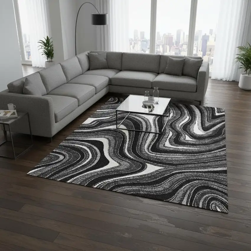 Black Gray And White Marble Washable Area Rug With UV Protection Photo 2