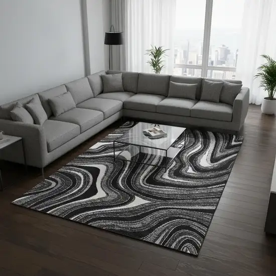 Black Gray And White Marble Washable Area Rug With UV Protection Photo 2