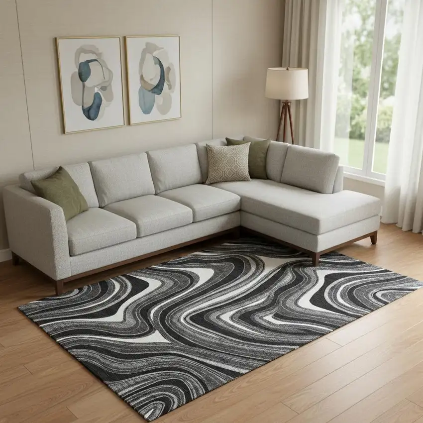 Black Gray And White Marble Washable Area Rug With UV Protection Photo 1