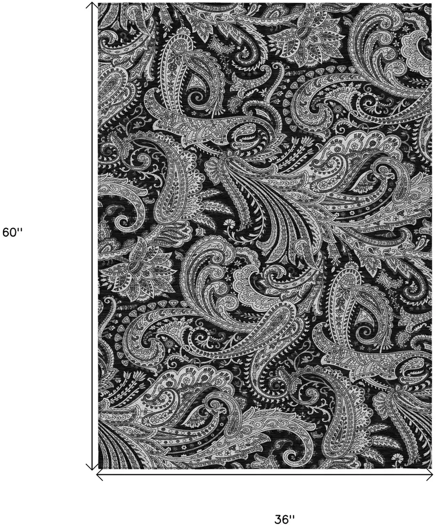 Black Gray And White Paisley Washable Indoor Outdoor Area Rug Photo 3