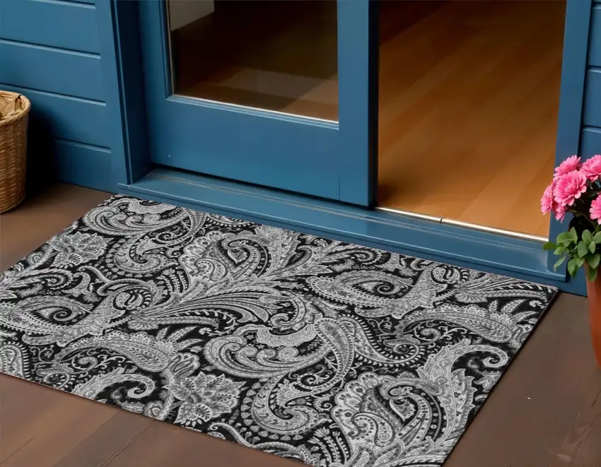 Black Gray And White Paisley Washable Indoor Outdoor Area Rug Photo 1