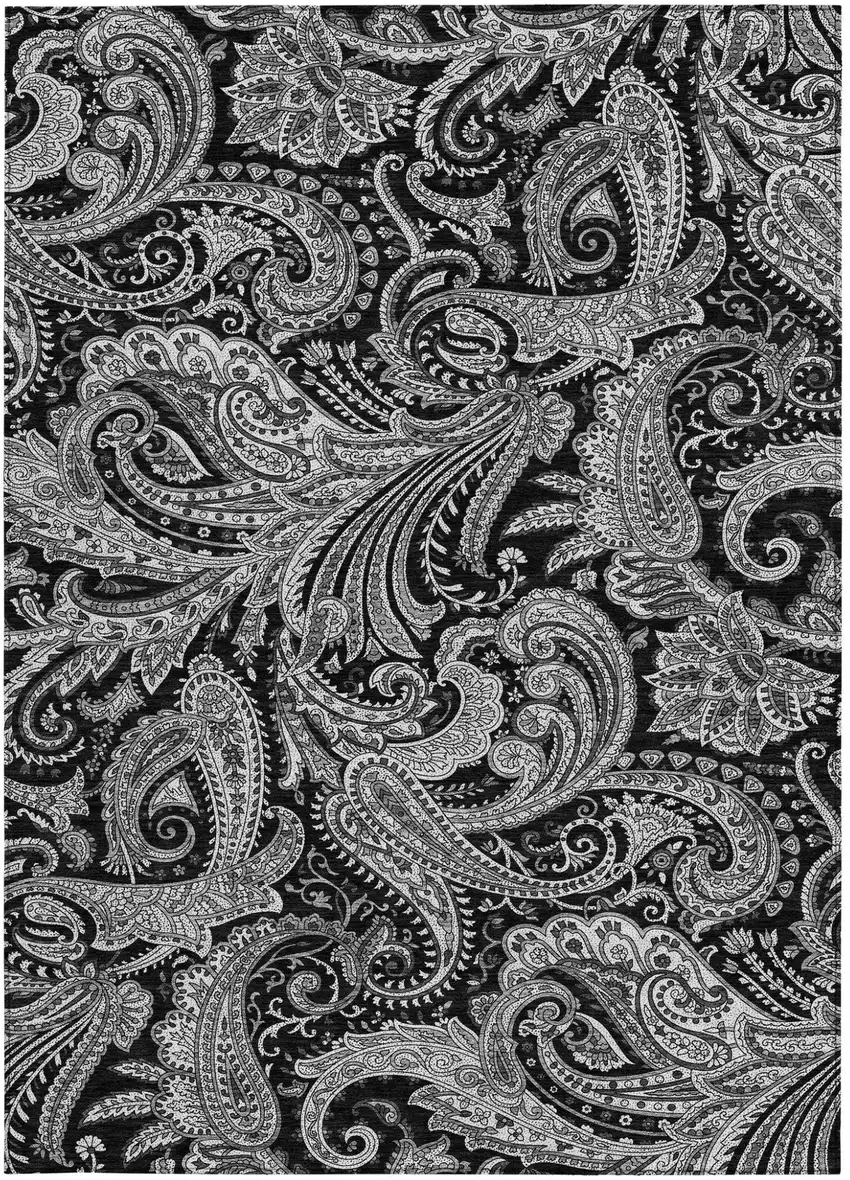 Black Gray And White Paisley Washable Indoor Outdoor Area Rug Photo 6