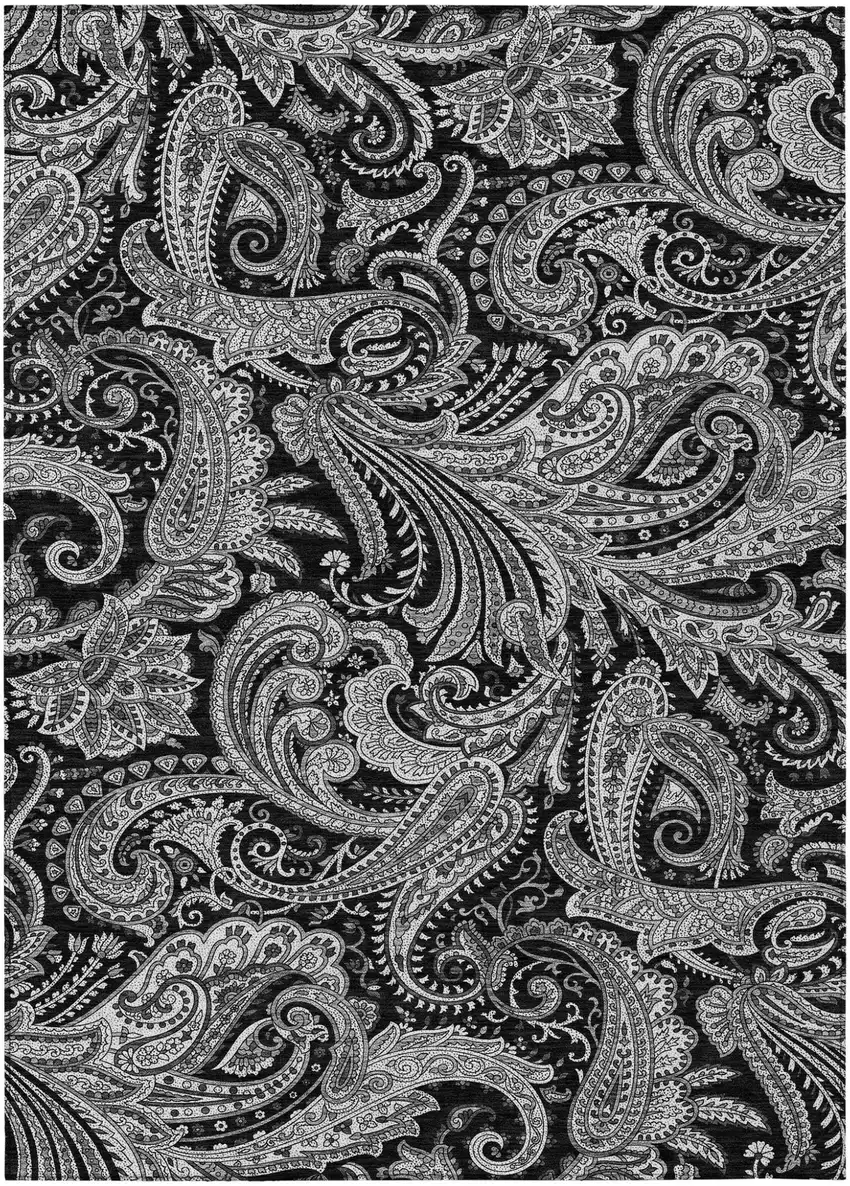 Black Gray And White Paisley Washable Indoor Outdoor Area Rug Photo 2