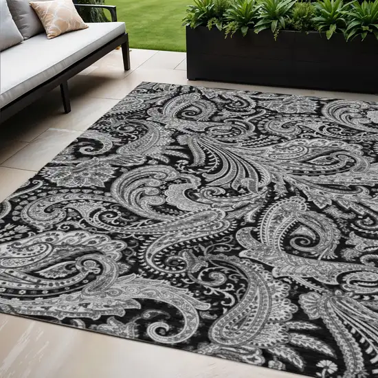 Black Gray And White Paisley Washable Indoor Outdoor Area Rug Photo 1