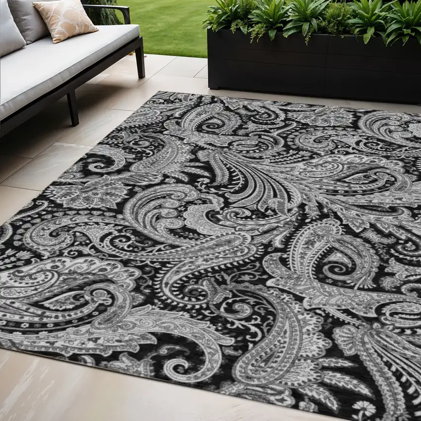 Black Gray And White Paisley Washable Indoor Outdoor Area Rug Photo 1