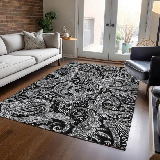 Black Gray And White Paisley Washable Indoor Outdoor Area Rug Photo 9