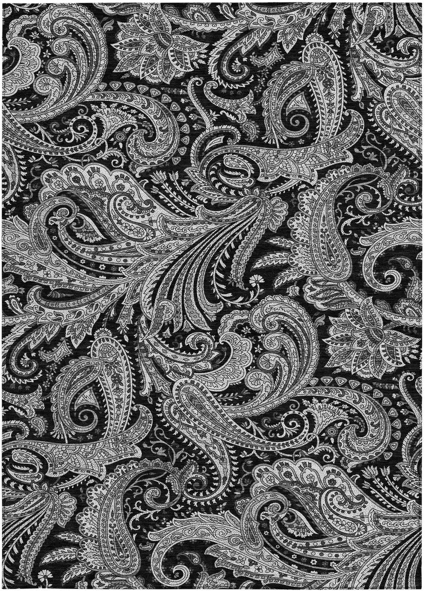 Black Gray And White Paisley Washable Indoor Outdoor Area Rug Photo 7