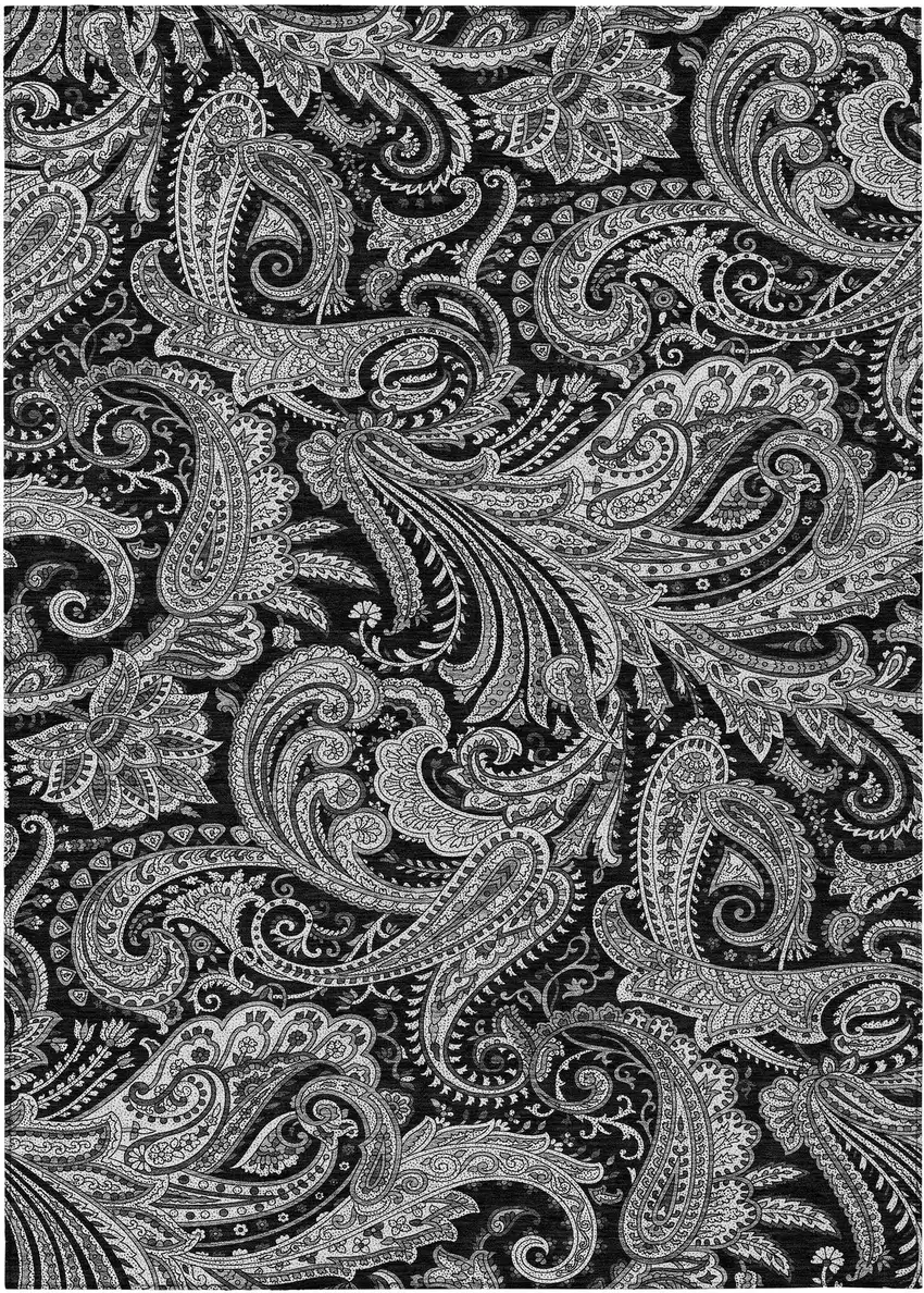 Black Gray And White Paisley Washable Indoor Outdoor Area Rug Photo 2