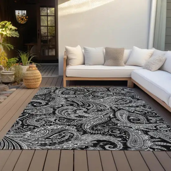 Black Gray And White Paisley Washable Indoor Outdoor Area Rug Photo 8