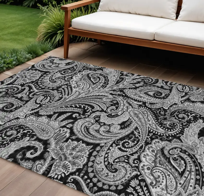 Black Gray And White Paisley Washable Indoor Outdoor Area Rug Photo 1