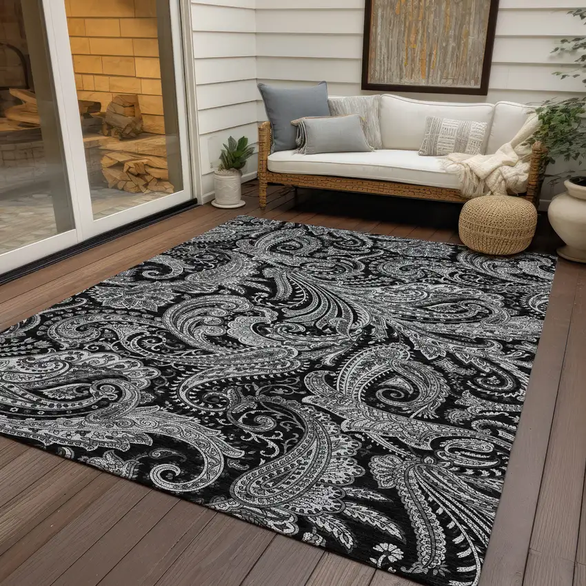 Black Gray And White Paisley Washable Indoor Outdoor Area Rug Photo 9