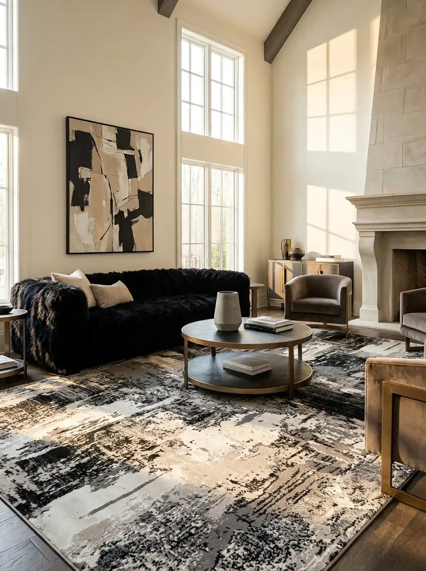 Black Gray and Beige Abstract Area Rug Photo 6