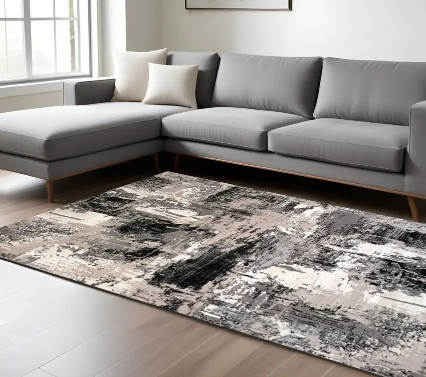 Black Gray and Beige Abstract Area Rug Photo 1