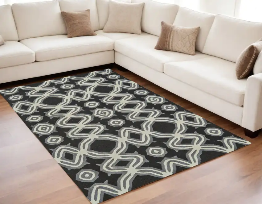 Black Gray and Ivory Wool Abstract Hand Tufted Area Rug Photo 2