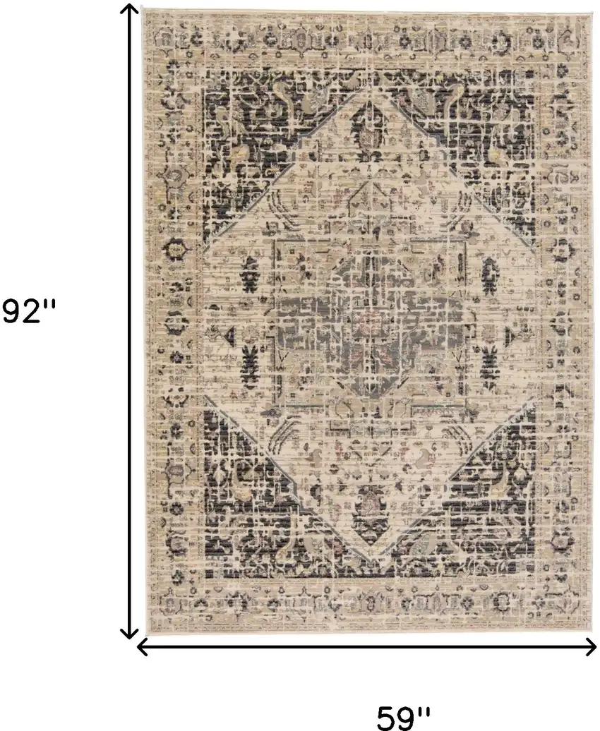Black Gray and Tan Oriental Power Loom Worn Faded Area Rug Photo 3