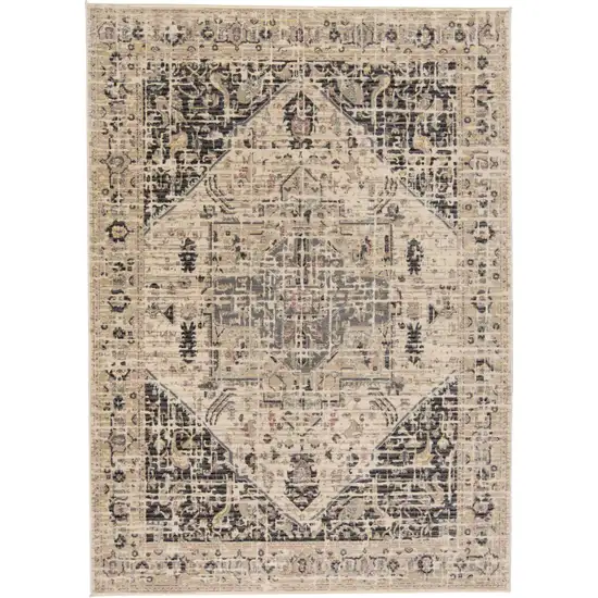 Black Gray and Tan Oriental Power Loom Worn Faded Area Rug Photo 2
