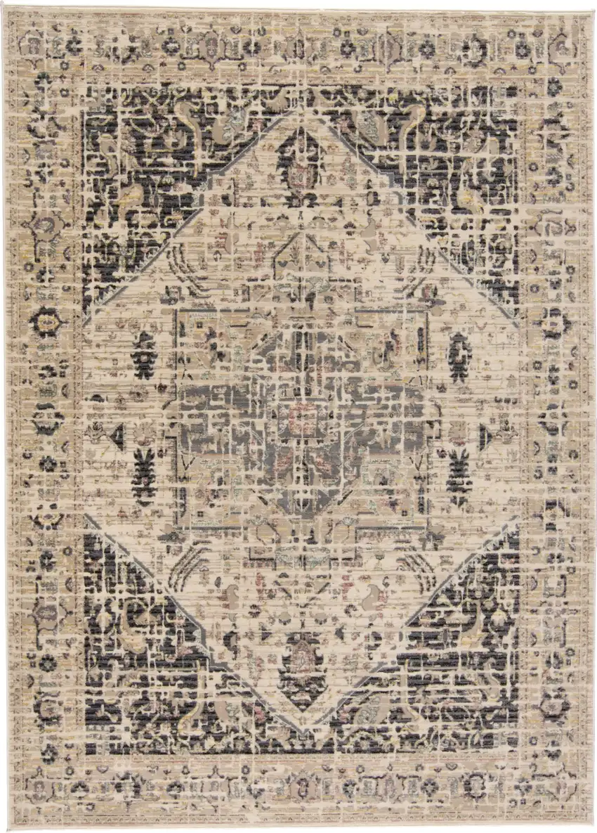 Black Gray and Tan Oriental Power Loom Worn Faded Area Rug Photo 2