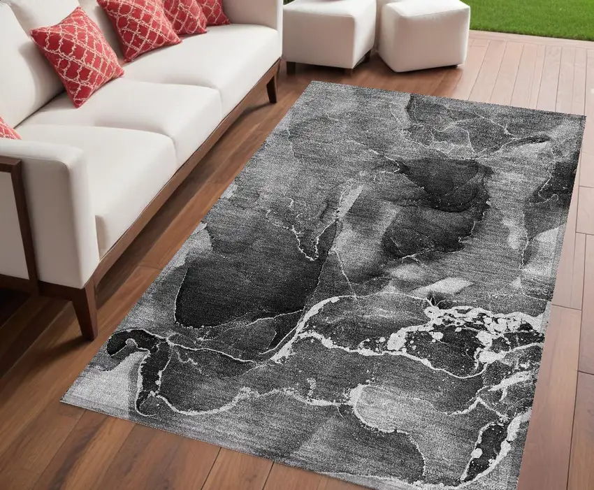 Black Gray and White Abstract Washable Non Skid Indoor Outdoor Area Rug Photo 1