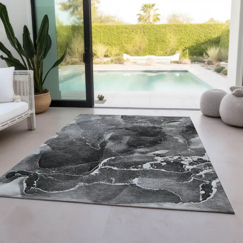 Black Gray And White Abstract Washable Indoor Outdoor Area Rug Photo 9