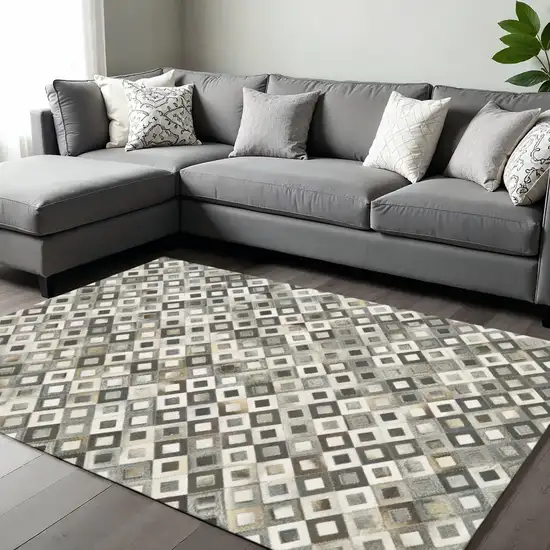 Black Gray And White Faux Cowhide Geometric Area Rug Photo 1