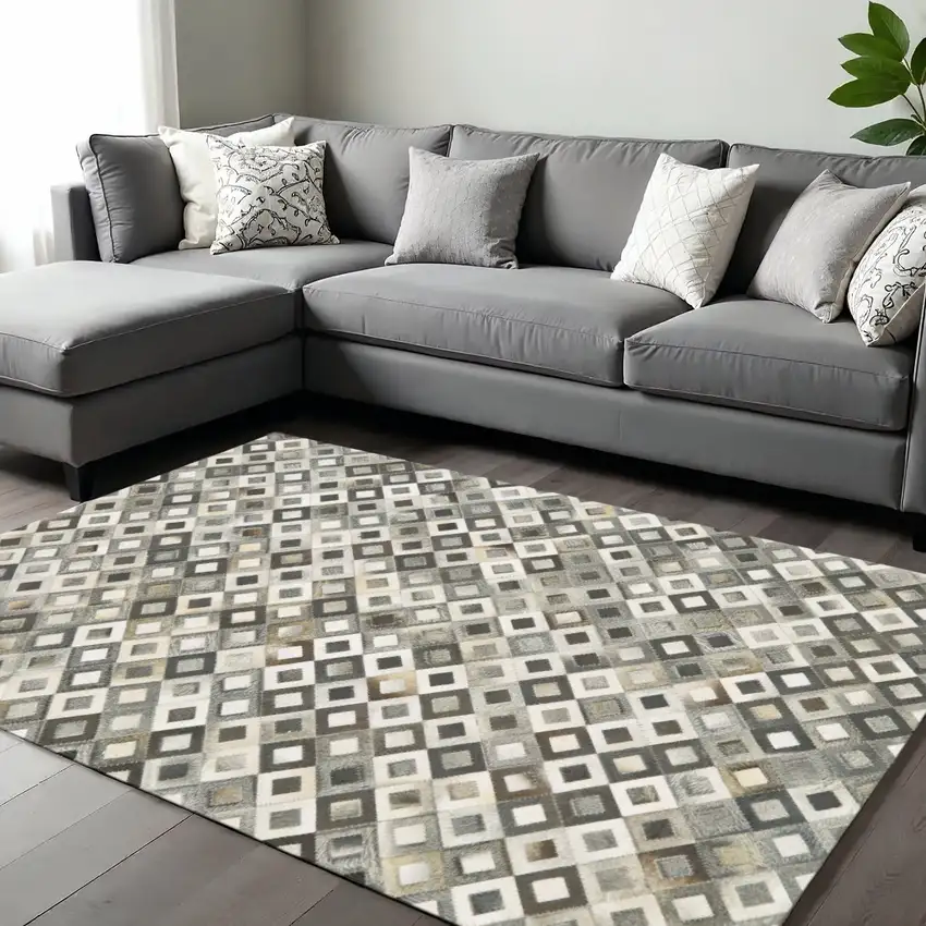 Black Gray And White Faux Cowhide Geometric Area Rug Photo 1