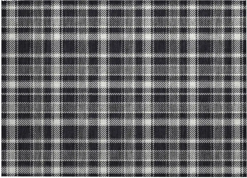 Black Gray and White Plaid Washable Non Skid Indoor Outdoor Area Rug Photo 2