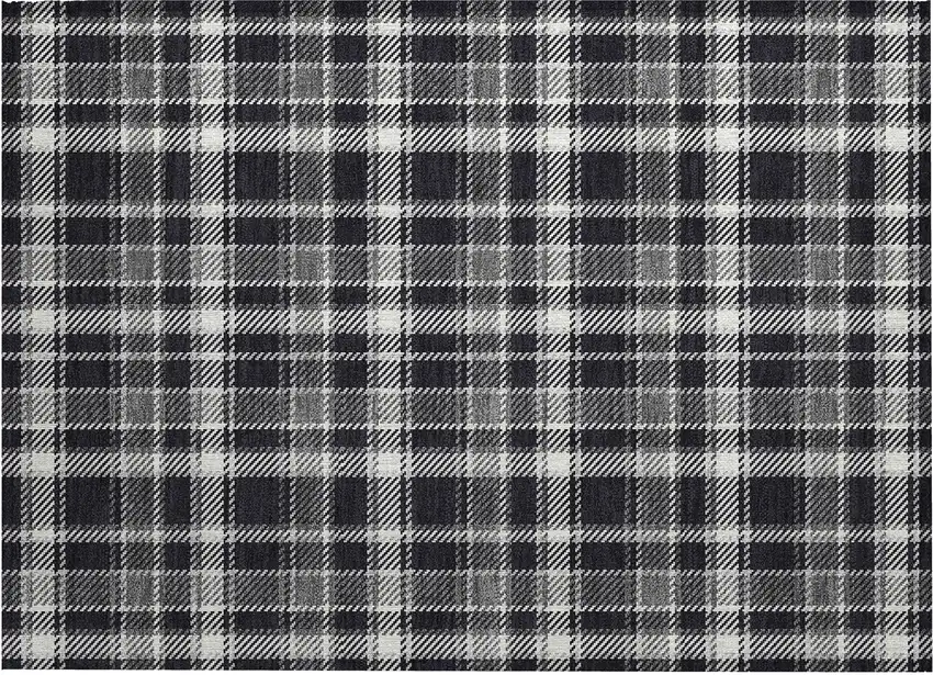 Black Gray and White Plaid Washable Non Skid Indoor Outdoor Area Rug Photo 2