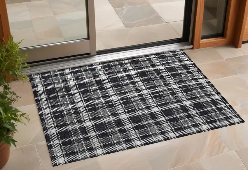 Black Gray and White Plaid Washable Non Skid Indoor Outdoor Area Rug Photo 1