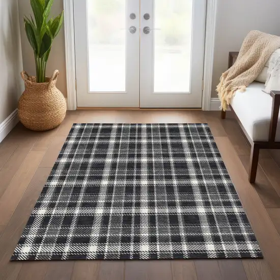 Black Gray and White Plaid Washable Non Skid Indoor Outdoor Area Rug Photo 9