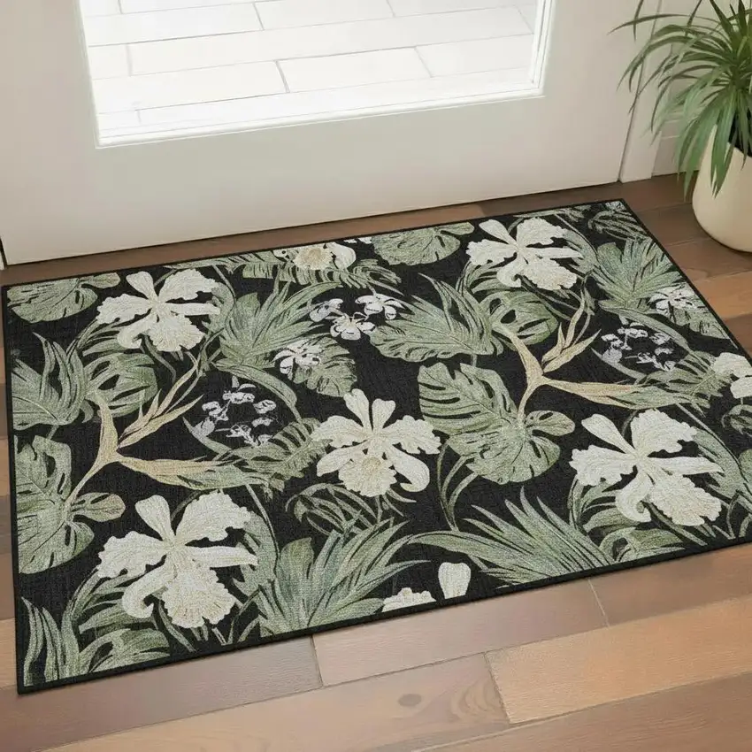 Black Green And Beige Floral Washable Area Rug With UV Protection Photo 2