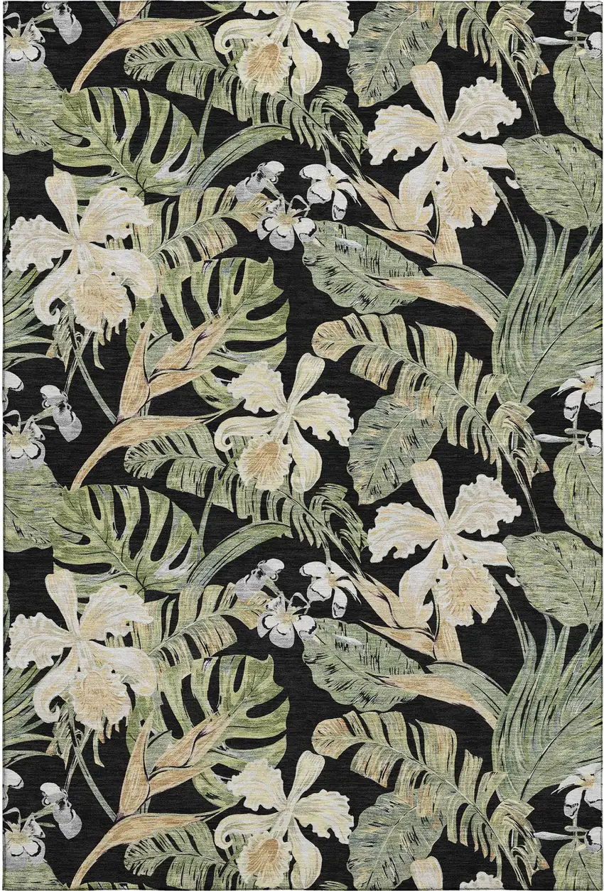 Black Green And Beige Floral Washable Area Rug With UV Protection Photo 1