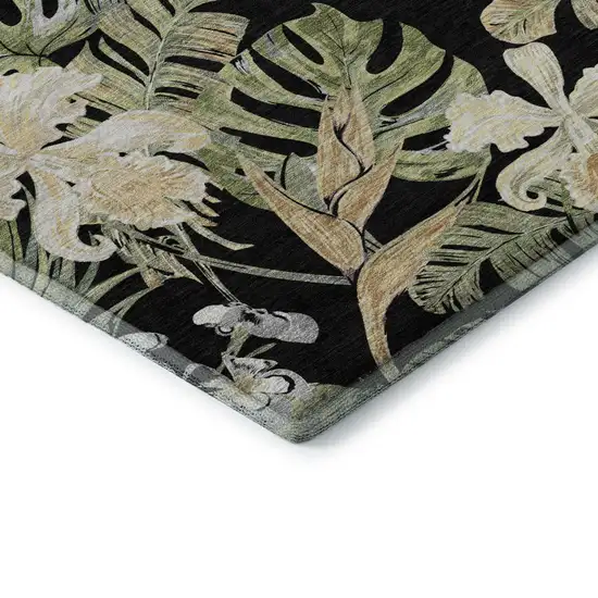 Black Green And Beige Floral Washable Area Rug With UV Protection Photo 7